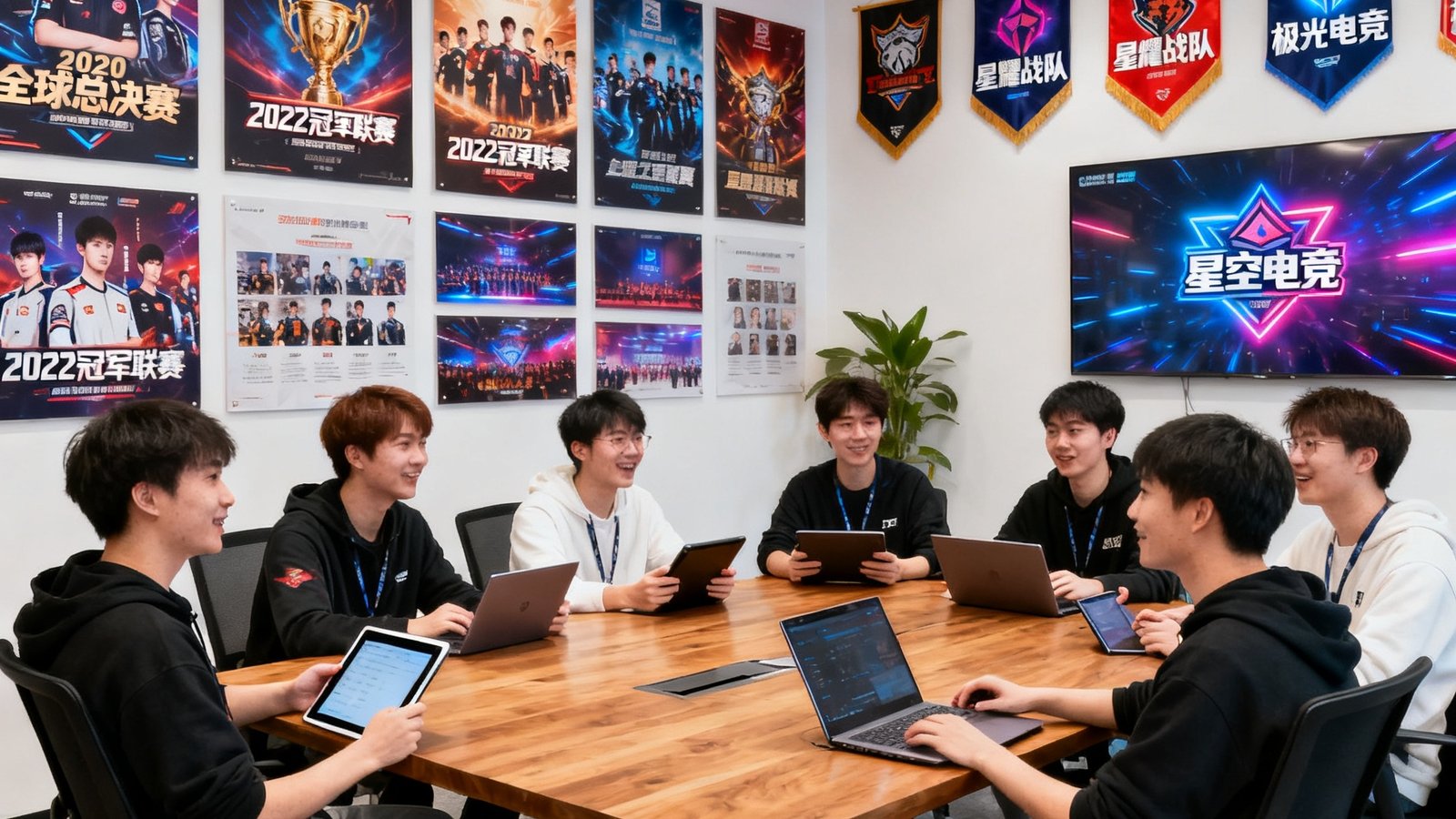 星空电竞上海总部开放式办公区，墙上挂满了历年赛事海报和战队队旗，年轻的团队成员围坐在会议桌前热烈讨论即将上线的直播方案。