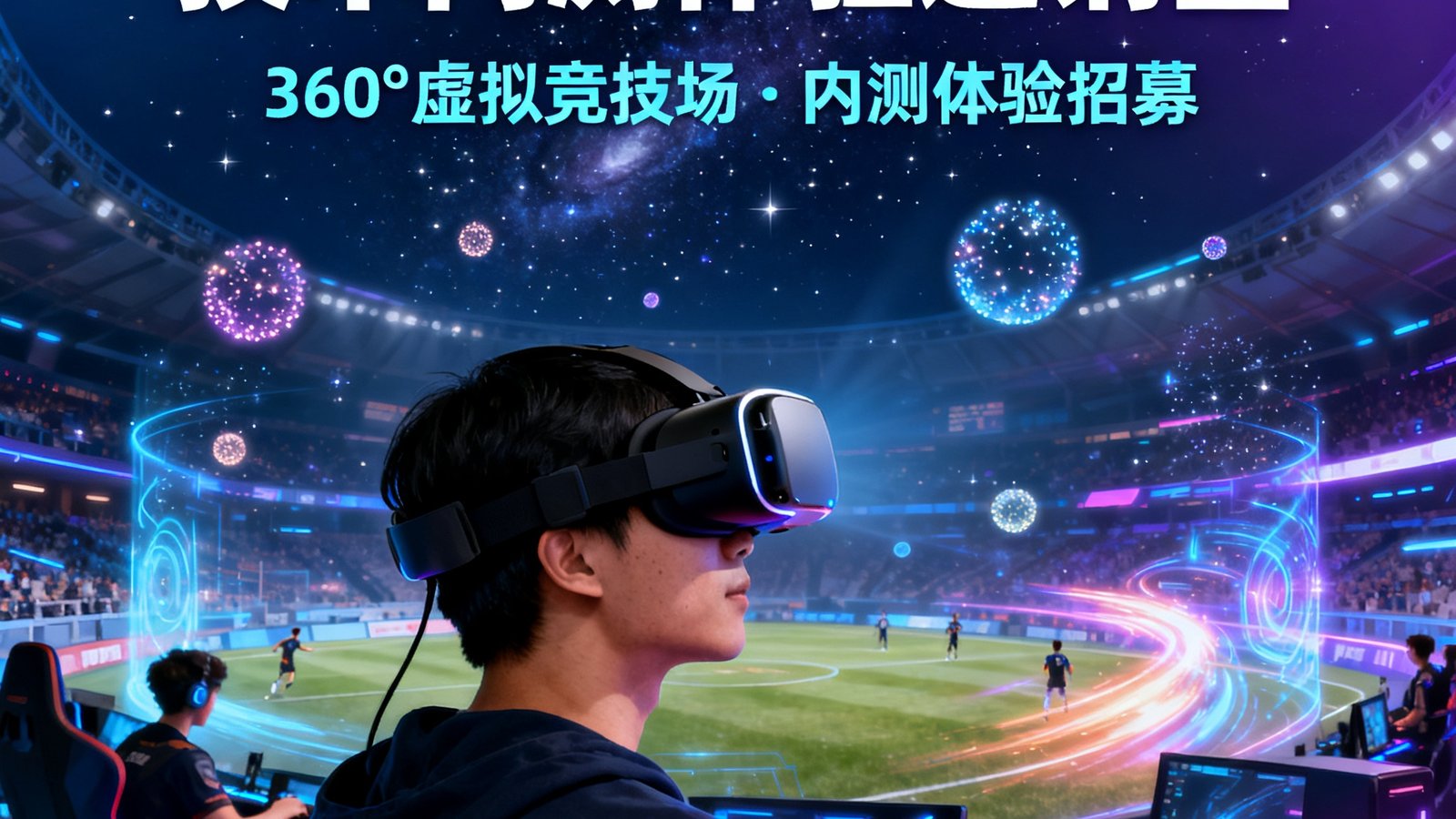 星空电竞VR沉浸式观赛技术内测体验邀请函，画面展示用户佩戴VR头显在虚拟竞技场中360度观看比赛的概念图。